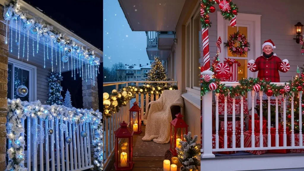Variados balcones de Navidad con guirnaldas exuberantes y luces brillantes, creando un ambiente festivo y acogedor.