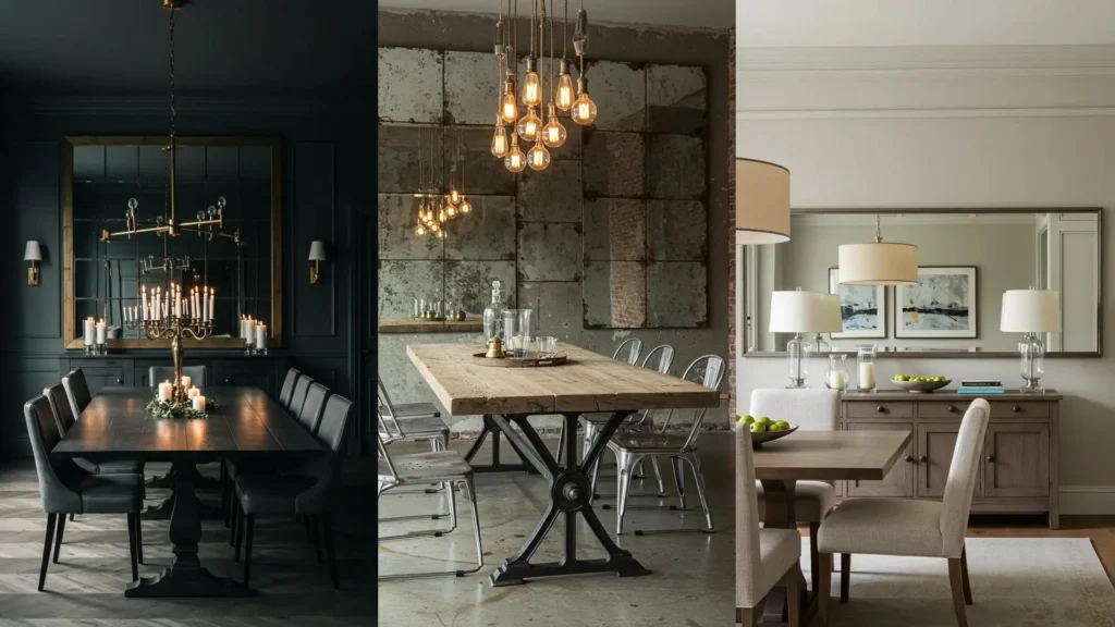 Tres comedores elegantes con espejos estratégicos y cálida iluminación de candelabros y lámparas.