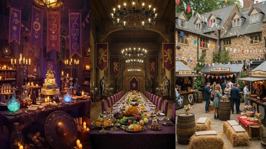 Decoración de cumpleaños estilo medieval con escudos heráldicos, banderines festivos y un gran banquete en un salón de castillo.