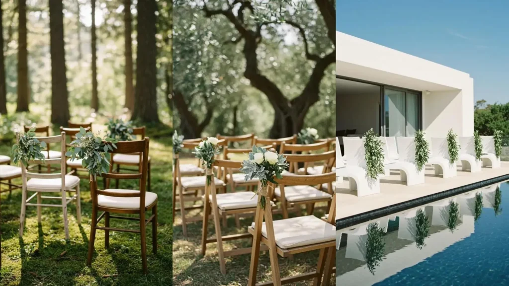 Hermosas decoraciones de sillas de boda con eucalipto fresco para ceremonias rústicas y modernas al aire libre.