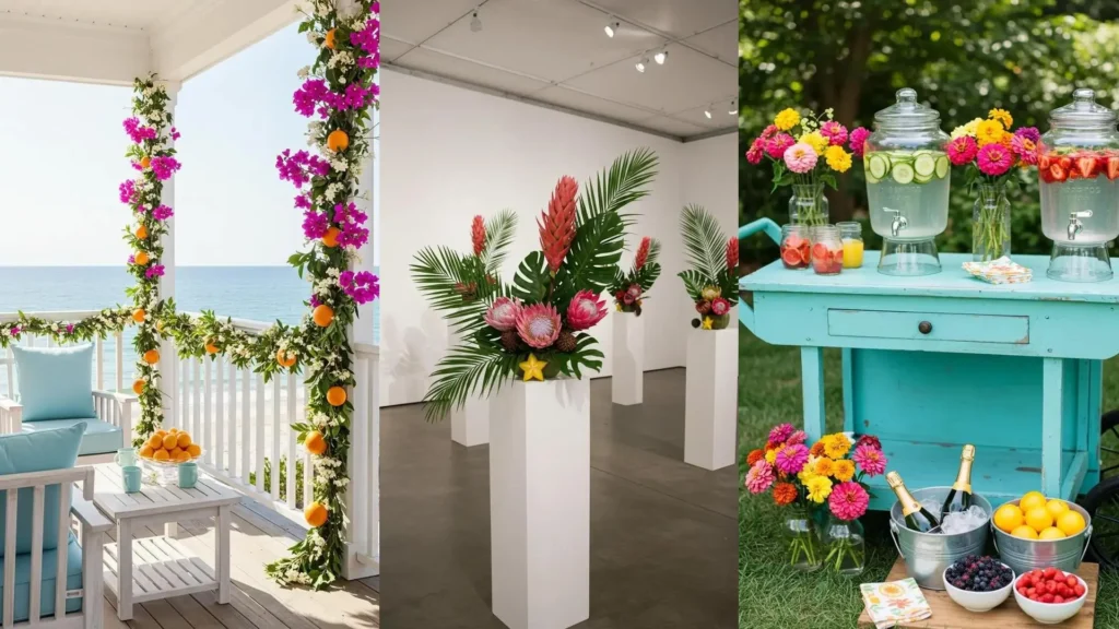 Escenas de fiesta de primavera y verano con decoraciones vibrantes: guirnaldas de flores y naranjas, y mesa con bebidas de frutas.