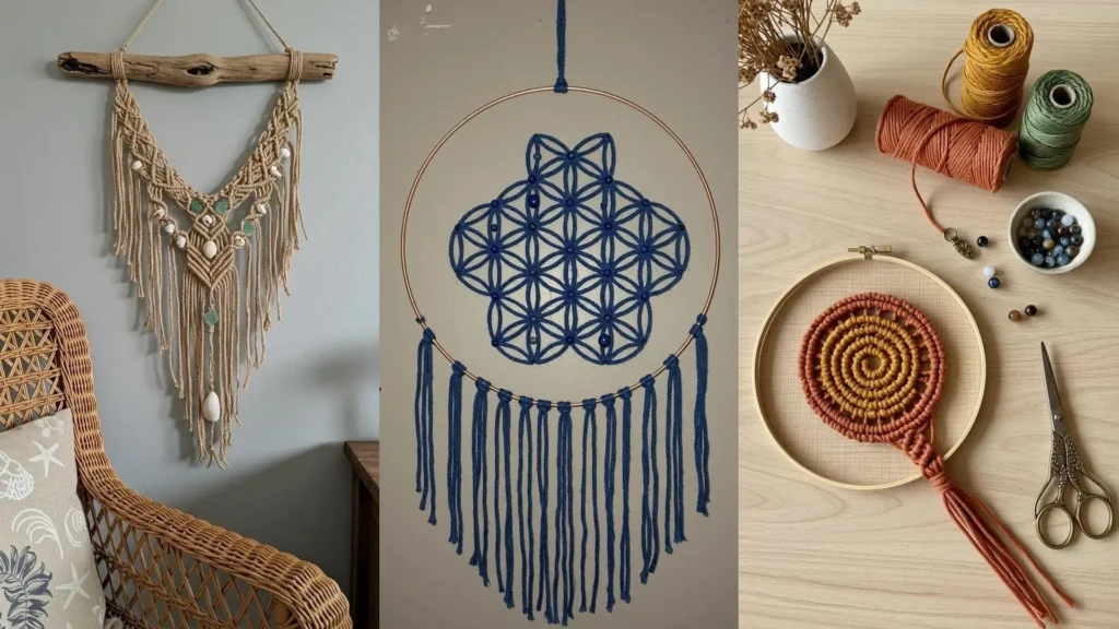 Colección de atrapasueños de macramé hechos a mano, incluyendo diseños rústicos y modernos, ideales para dormitorios acogedores.