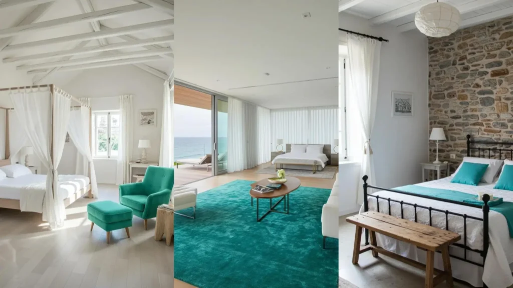 Tres dormitorios griegos marinos con cortinas blancas y acentos turquesa, ofreciendo vistas al mar y ambiente relajante.