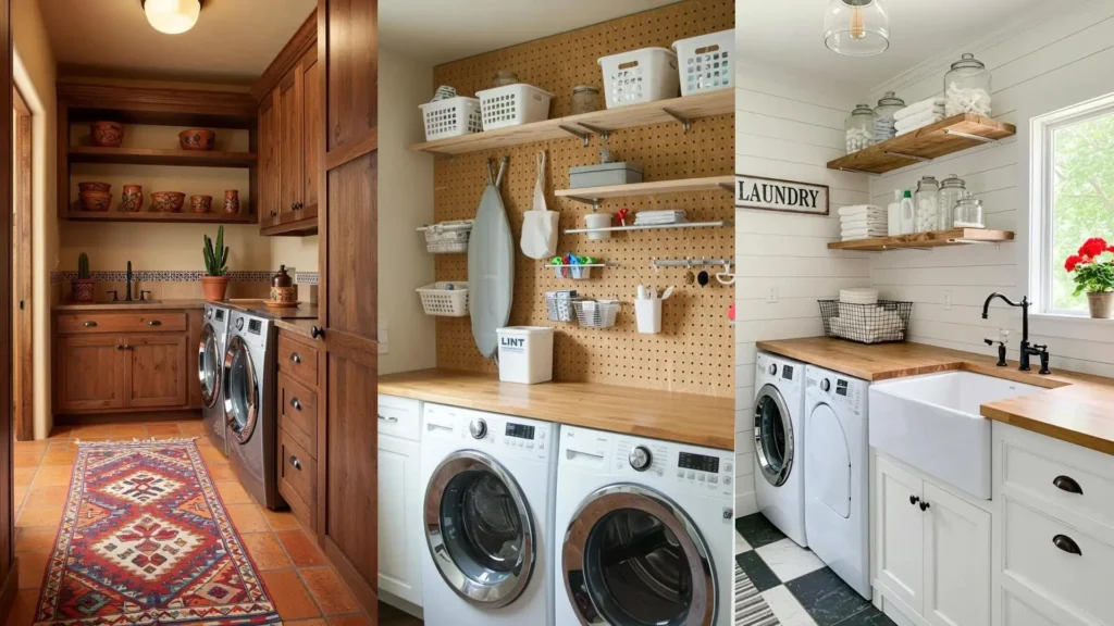 Lavanderías rústicas con organización creativa, estantes de madera y cestas de almacenaje para un estilo acogedor.