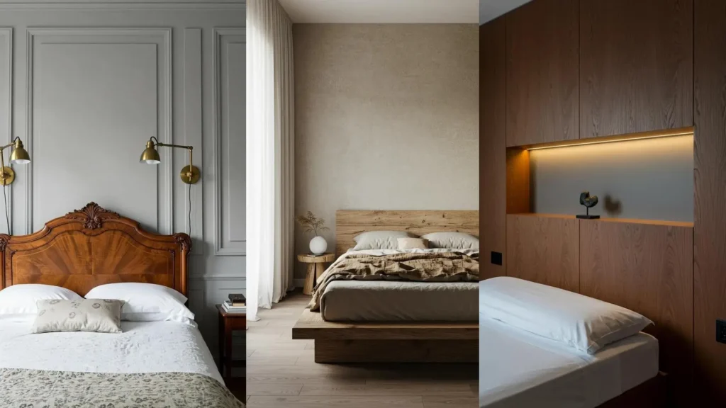 Ideas para decorar la pared sobre la cama: paneles, apliques, cabeceros de madera y nichos iluminados en 3 estilos.