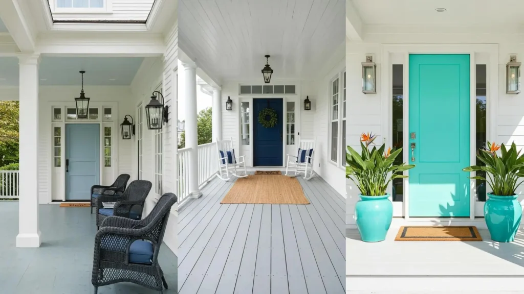 Porches blancos estilo costero con puertas azules vibrantes y sillas, ofreciendo ideas frescas para decorar espacios exteriores.