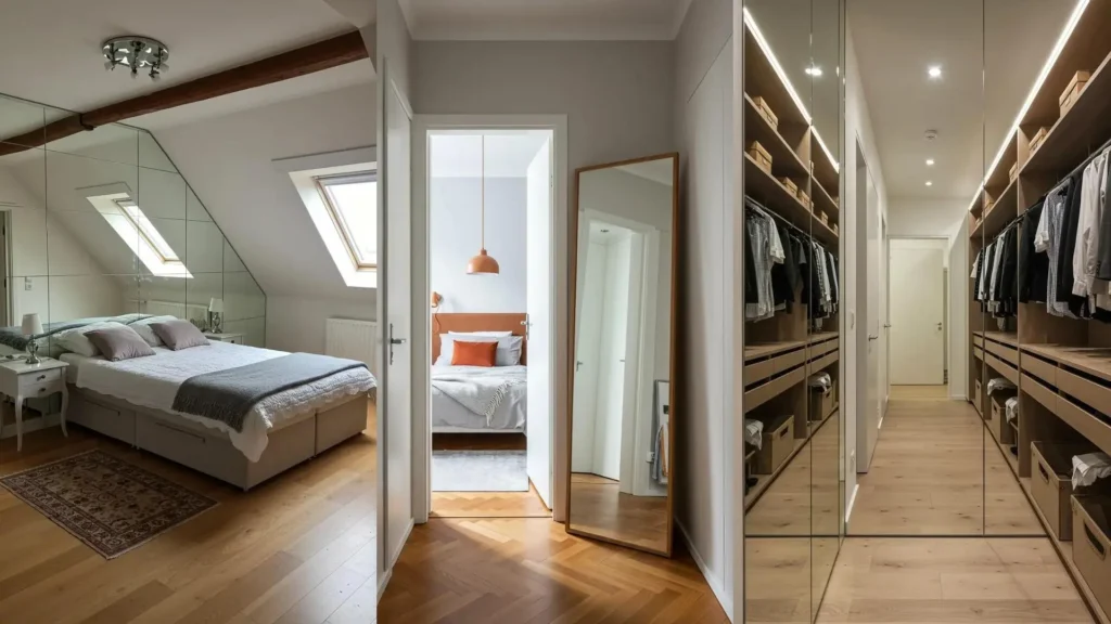 Ideas de bricolaje: espejos grandes en dormitorio, pasillo y vestidor para ampliar visualmente espacios pequeños y generar profundidad.