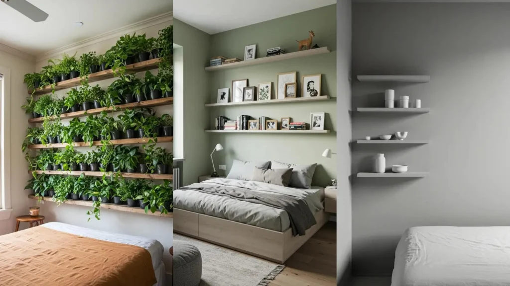 Estanterías flotantes decorativas en tres dormitorios pequeños, mostrando plantas, cuadros y libros para optimizar espacio.