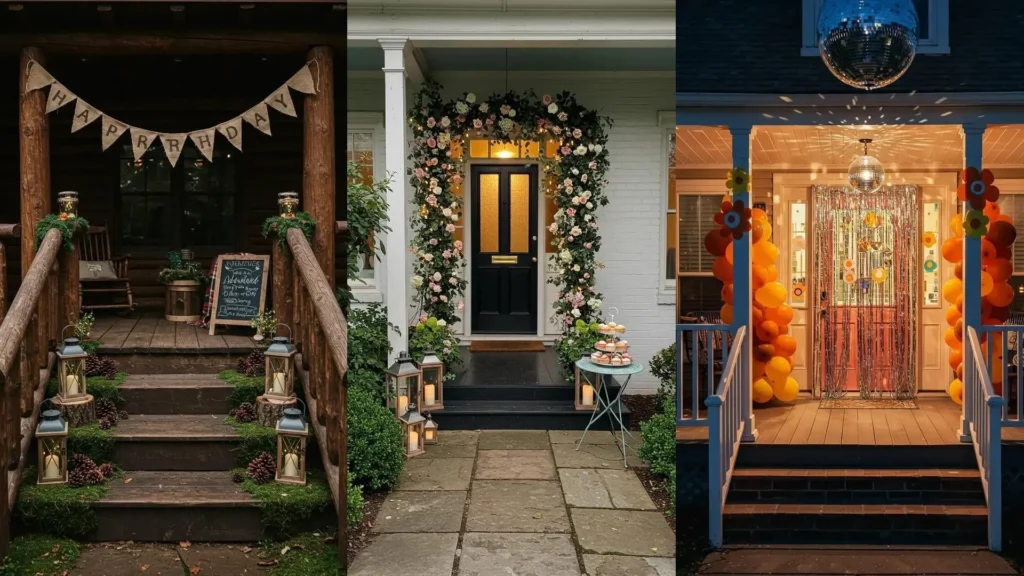 Ideas creativas para porches de cumpleaños al aire libre: decoraciones festivas con flores, globos y luces.