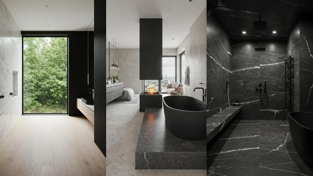 Lujoso baño moderno con bañera negra mate, ducha de mármol negro veteado y chimenea.