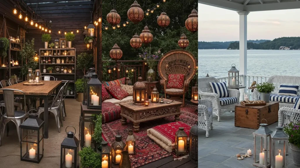 Patios vintage con muebles restaurados y faroles a vela, iluminando espacios exteriores con un encanto único.
