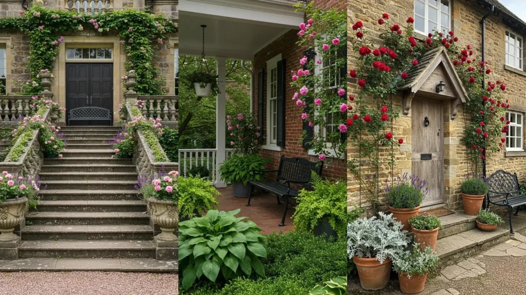 Porches florales de inspiración inglesa con rosas, lavanda y bancos de hierro para una decoración exterior encantadora.