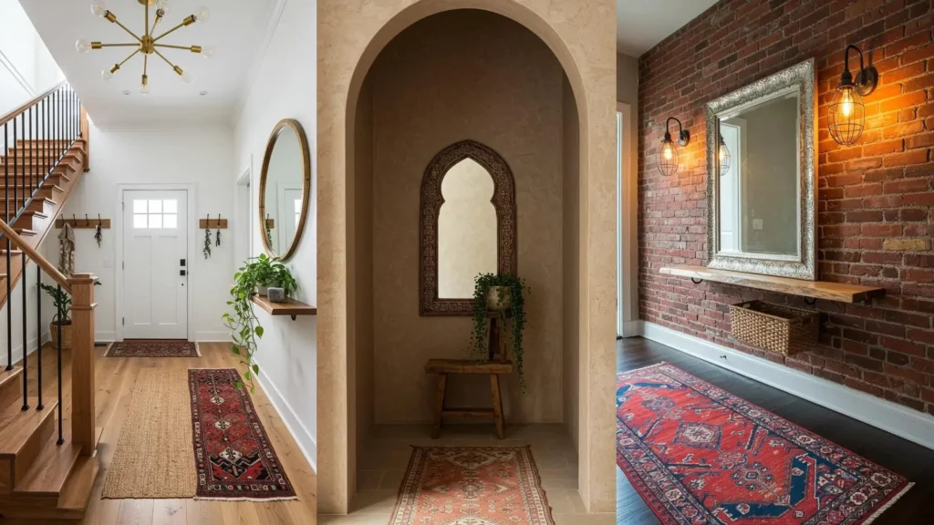 Recibidores bohemios con alfombras étnicas, espejos antiguos y decoración natural.
