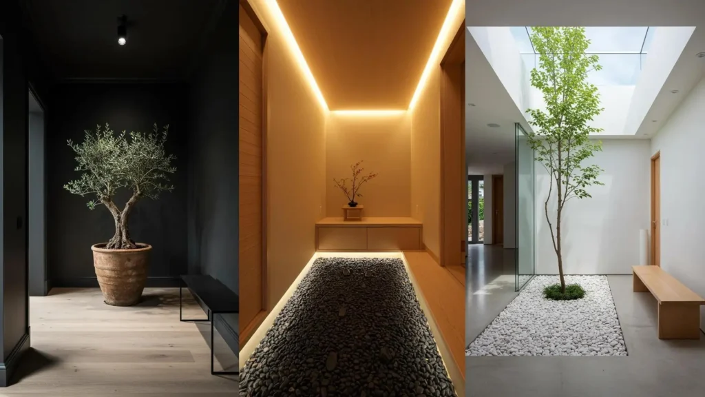 Ideas minimalistas japonesas para recibidores zen: entradas armoniosas con árboles, guijarros y luz natural.