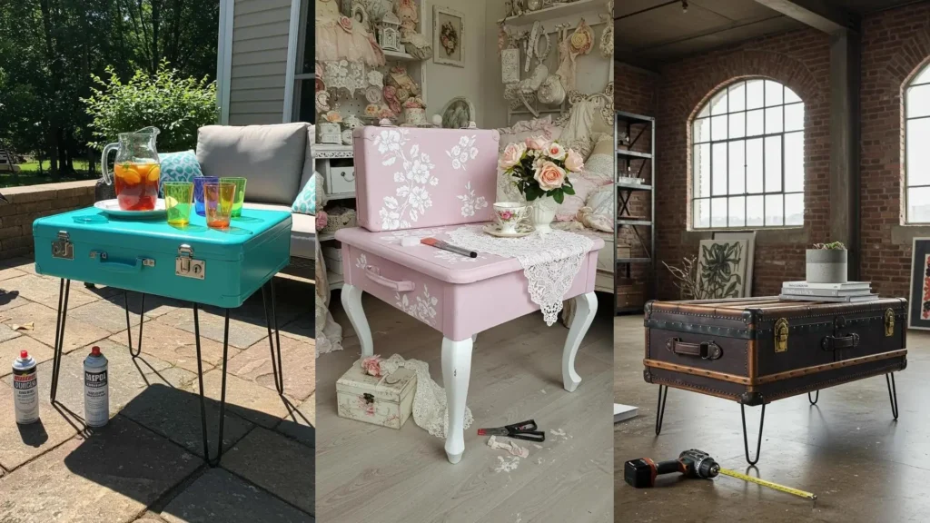 Tres maletas vintage convertidas en mesas de centro creativas con diseños únicos. Ideas de bricolaje DIY.