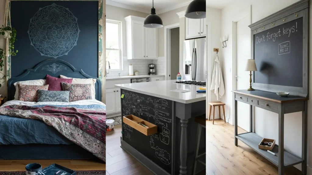 Muebles viejos transformados con pintura de pizarra: cabecero, isla de cocina y consola con recordatorios. ¡Ideas DIY creativas!