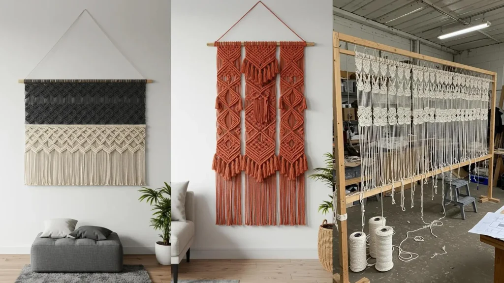 Inspiración: dos tapices de macramé XXL, uno negro y crema, otro terracota, decorando salas modernas y amplias.