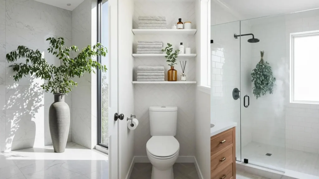 Baño blanco moderno con detalles de eucalipto fresco, incluyendo un ramo colgante en la ducha y plantas en estantes.