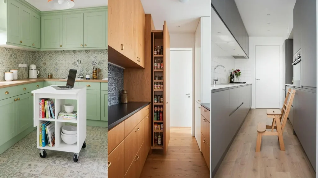 Cocinas estrechas con muebles plegables, como un carrito de cocina extensible y una silla taburete plegable, optimizando espacio.