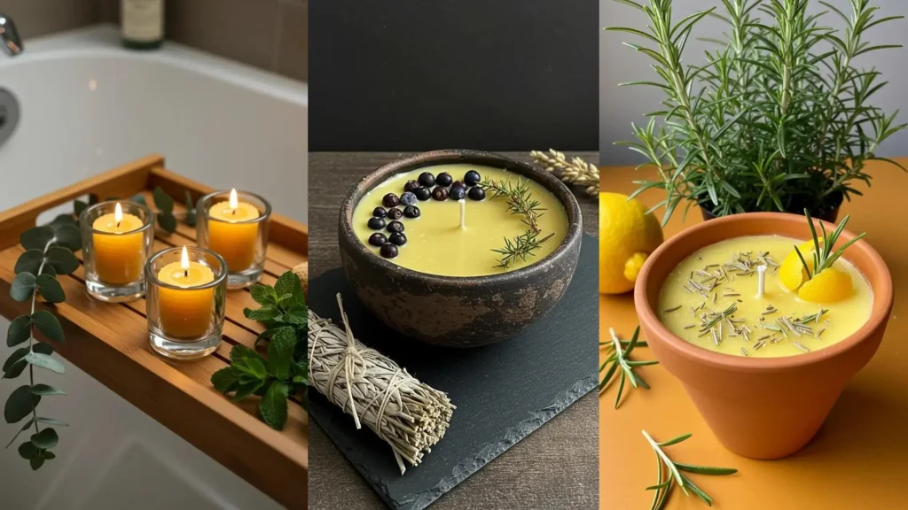 Varias velas caseras de cera de abeja encendidas, con aromas naturales de hierbas, bayas y cítricos, creando un ambiente acogedor.