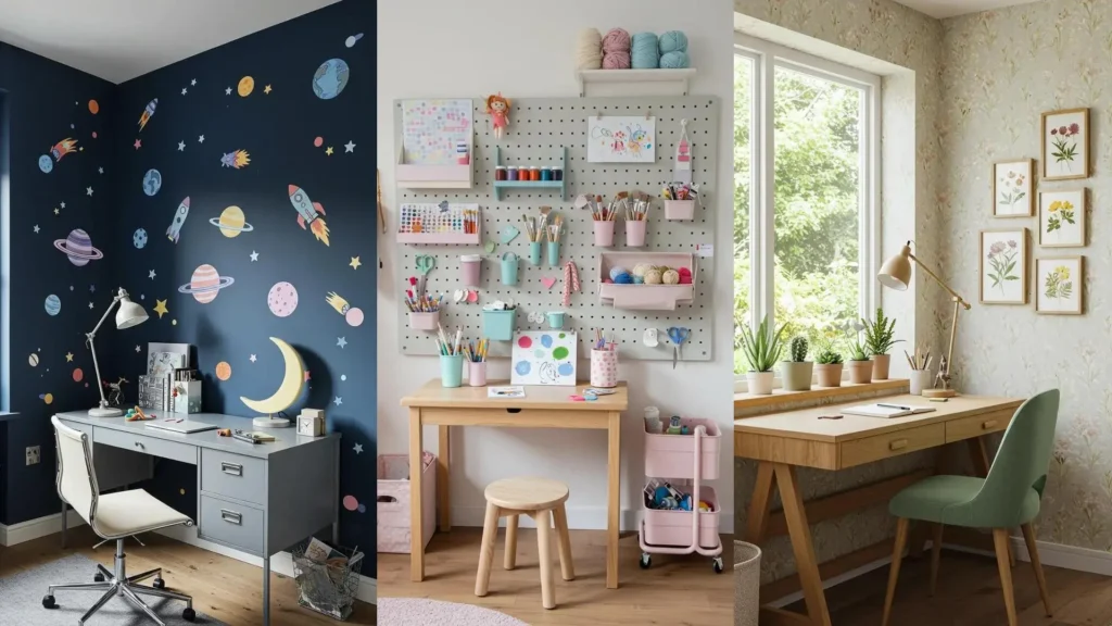 Zonas de estudio lúdicas para niños: pared espacial, escritorio creativo con materiales pastel y un rincón natural.