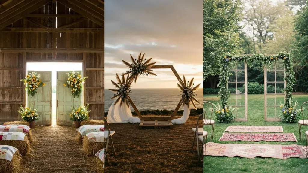 Tres hermosos altares de boda rústicos con madera reciclada y flores silvestres en escenarios campestres y costeros.