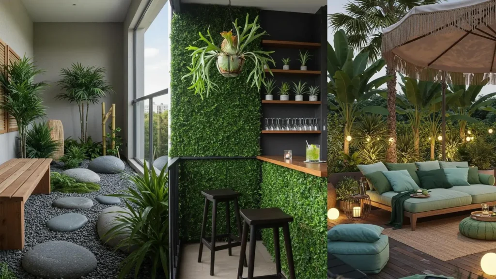 Balcones tropicales con plantas exóticas en tonos verdes, desde un bar hasta un jardín zen y zona de estar.