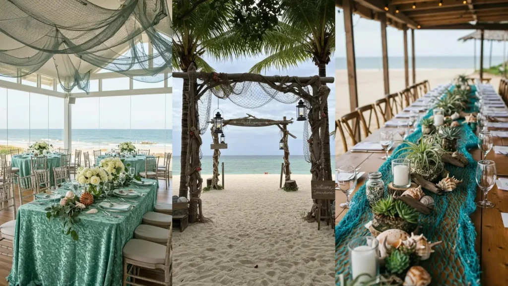 Decoración de bodas estilo playa con elegantes mesas adornadas con conchas y redes marinas, más un arco de bienvenida.