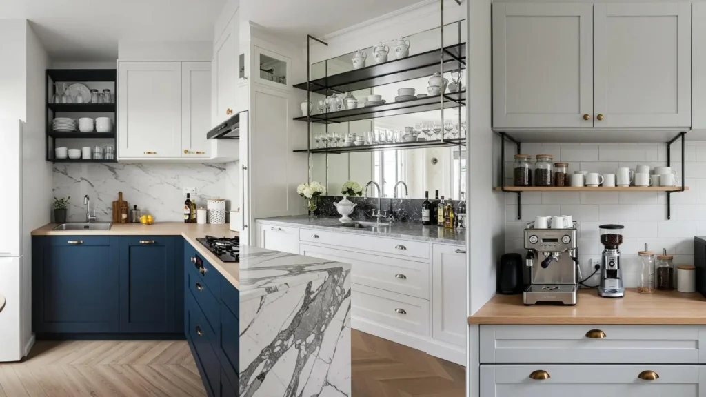 Cocinas modernas con repisas flotantes de metal negro y vajilla blanca minimalista.