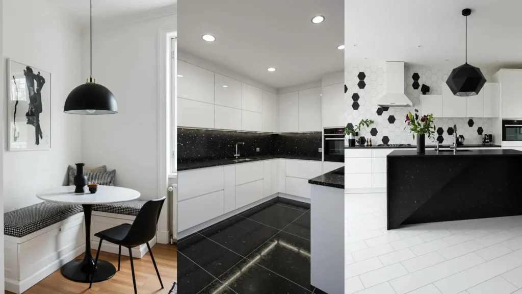 Varias cocinas blanco y negro que muestran el contraste como arte contemporáneo en diseño interior y decoración.