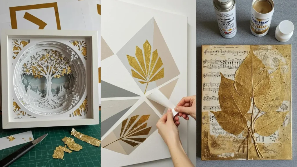Cuadros DIY elegantes con hojas doradas: un árbol en 3D, arte abstracto y hojas reales en lienzo para un toque glam.