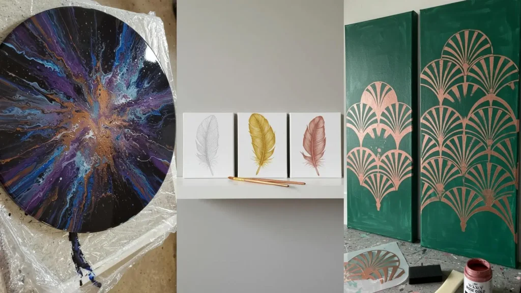Cuadros DIY con pintura metálica: arte abstracto, plumas doradas y patrones Art Deco elegantes.