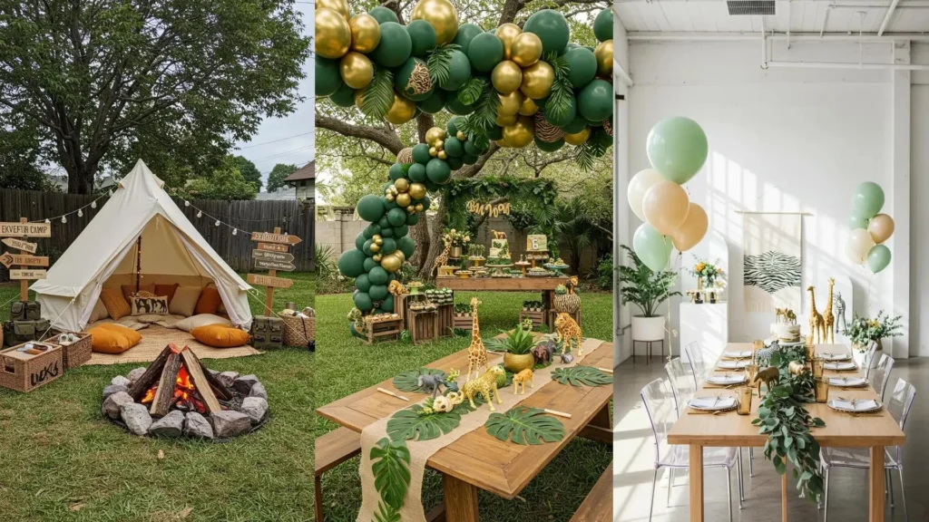 Decoración de cumpleaños estilo safari con globos verdes y dorados, hojas tropicales, mesa de postres y figuras de animales.