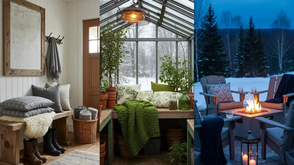 Mantas de lana, cojines suaves y detalles invernales acogedores para decorar interiores y exteriores.