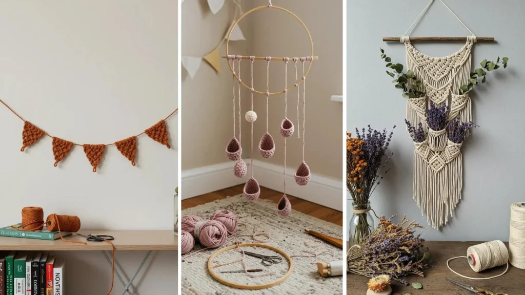 Tres diseños de macramé boho para decorar paredes pequeñas: un tapiz con lavanda, un colgante de aros y una guirnalda.