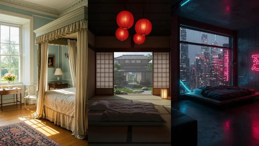 Dormitorios temáticos de películas: ideas de diseño clásico, japonés y cyberpunk para cinéfilos.