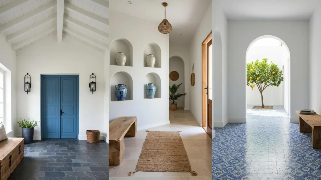 Entradas de inspiración mediterránea con paredes blancas, arcos, detalles azules y un limonero al estilo Santorini.