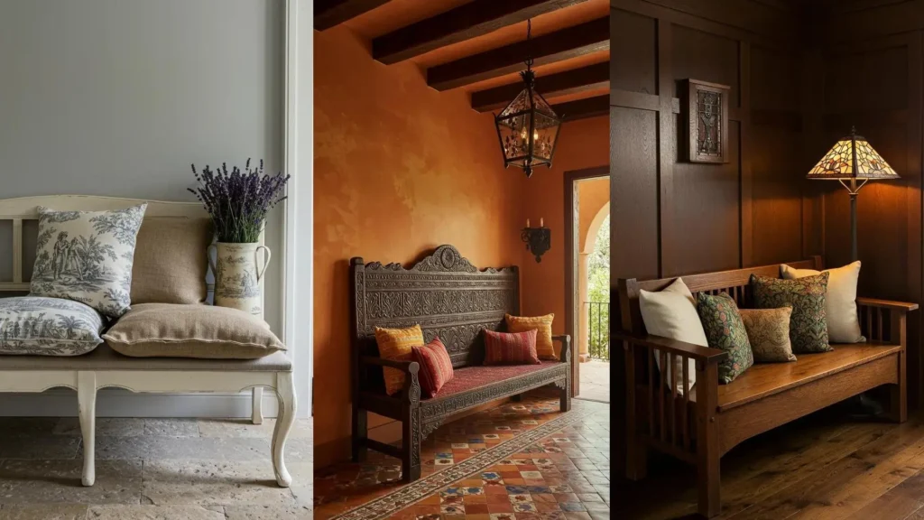 Varias entradas decoradas con bancos vintage de madera y cojines tejidos artesanalmente, mostrando estilos únicos y acogedores.