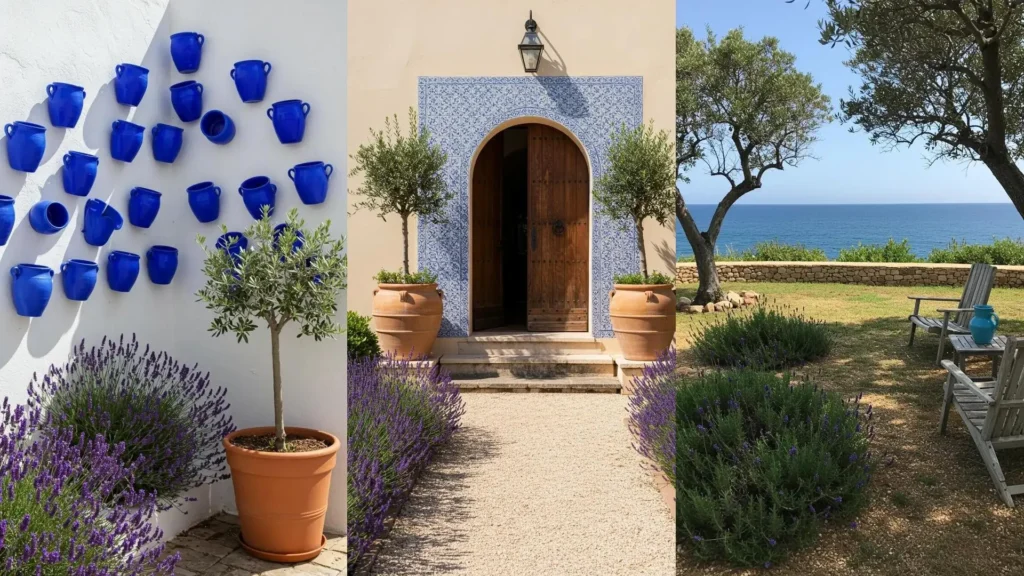 Estilo mediterráneo: olivos, lavanda y macetas de cerámica azul en un jardín con vista al mar.