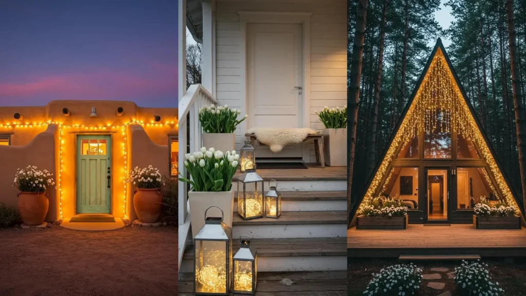 Varios porches románticos decorados con luces de hadas brillantes y elegantes flores blancas, creando ambientes acogedores.