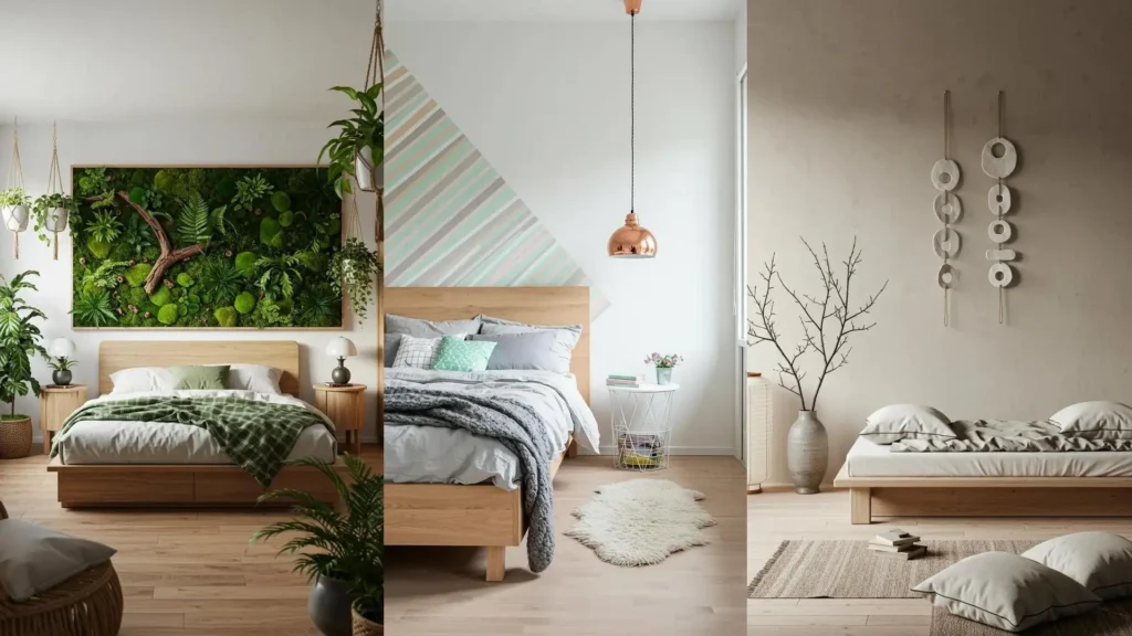 Dormitorios decorados con diferentes estilos de arte mural DIY: pared de musgo, rayas geométricas y colgantes abstractos.
