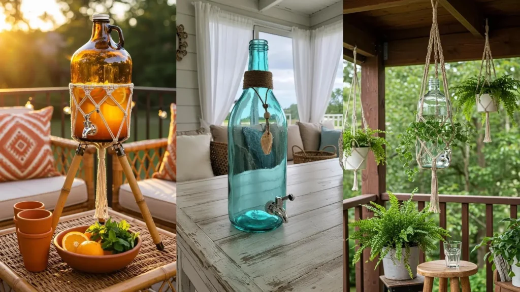 Botellas de vidrio recicladas: ideas creativas de bricolaje para dispensadores de agua y jarrones decorativos.