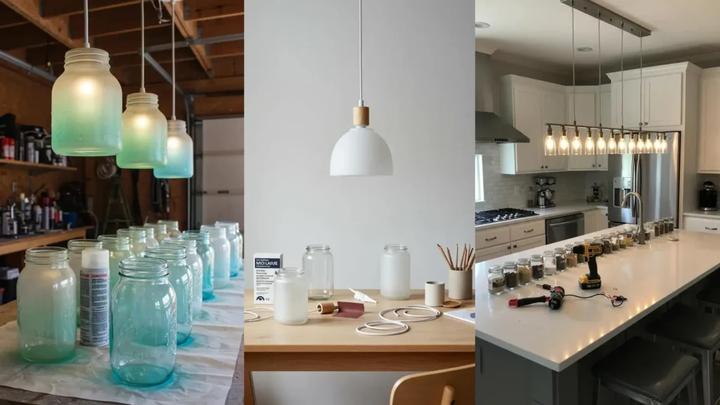 Frascos de vidrio transformados en lámparas colgantes DIY, con tonos turquesa y verde, ideales para decoración creativa del hogar.