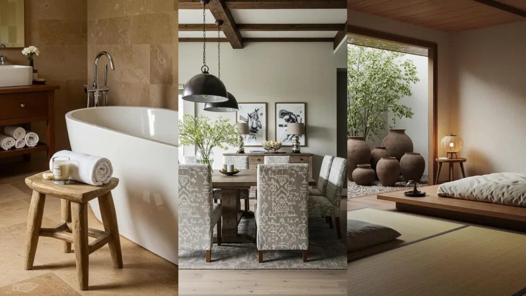 Sutiles estampados tribales africanos en sillas de comedor modernas, combinando madera natural y arte para un hogar único.