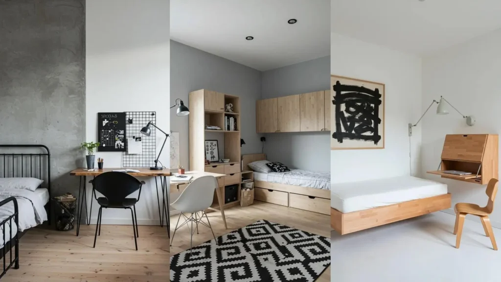 Habitaciones juveniles escandinavas de diseño funcional y paletas neutras: camas de madera, escritorios y almacenamiento.