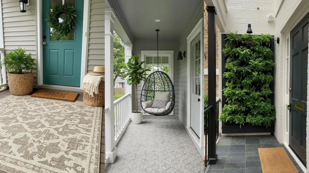 Porches pequeños decorados con estilo y funcionalidad: puerta color agua, silla colgante, plantas y jardín vertical.