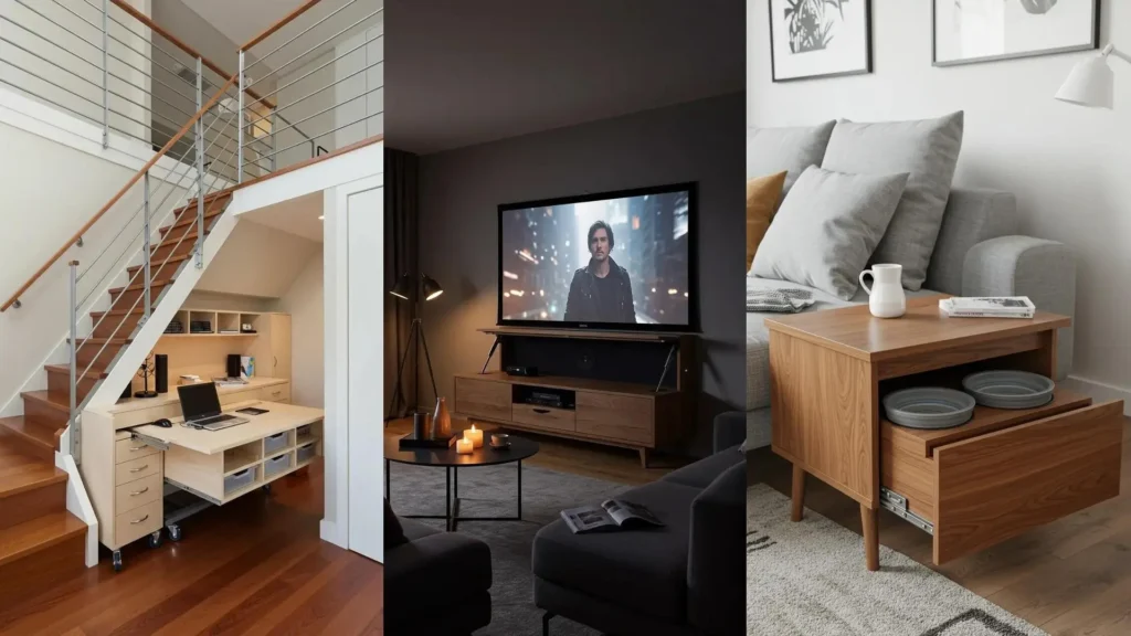 Muebles plegables y versátiles para optimizar mini-salas: escritorio extraíble, TV oculta y mesa con cajones.