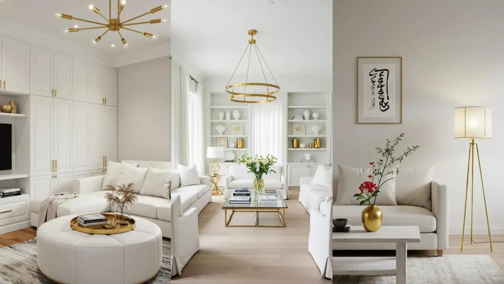 Sala de estar en blanco total con detalles dorados glam: sofás, estanterías, candelabros y accesorios para un lujo moderno.