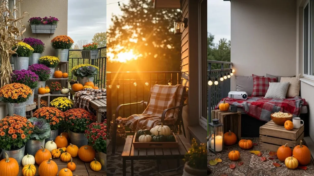 Balcón otoñal con calabazas, mantas a cuadros y luces, creando un ambiente acogedor y lleno de inspiración.