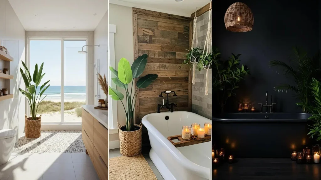 Varios diseños de baños bohemios con exuberantes plantas tropicales y cálidas velas aromáticas.